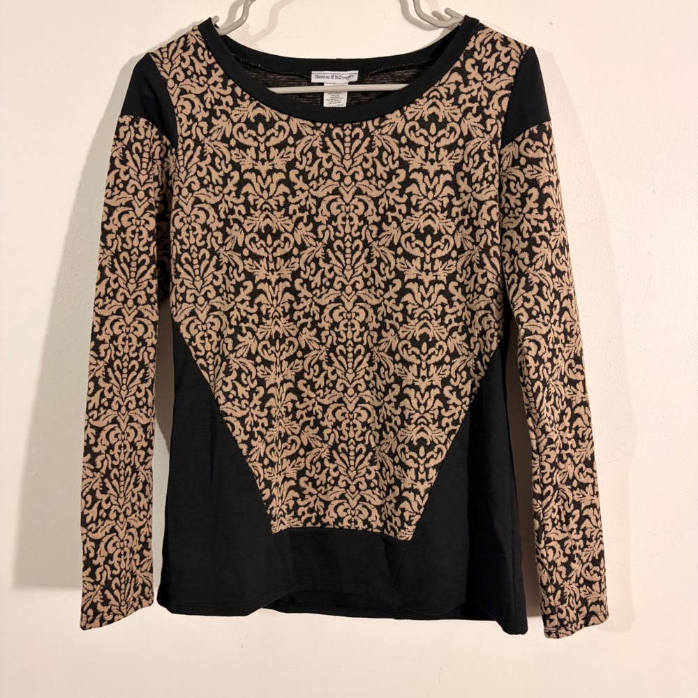 Bleeker & McDougal Top Women PM Black Tan Damask Jacquard Long Sleeve Colorblock